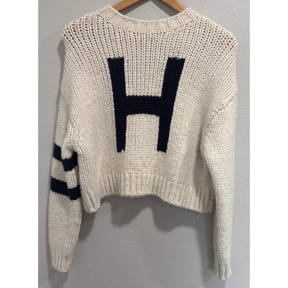 Hollister Crop Knit Sweater Cream Varsity Collegiate Block Letter H Size Small